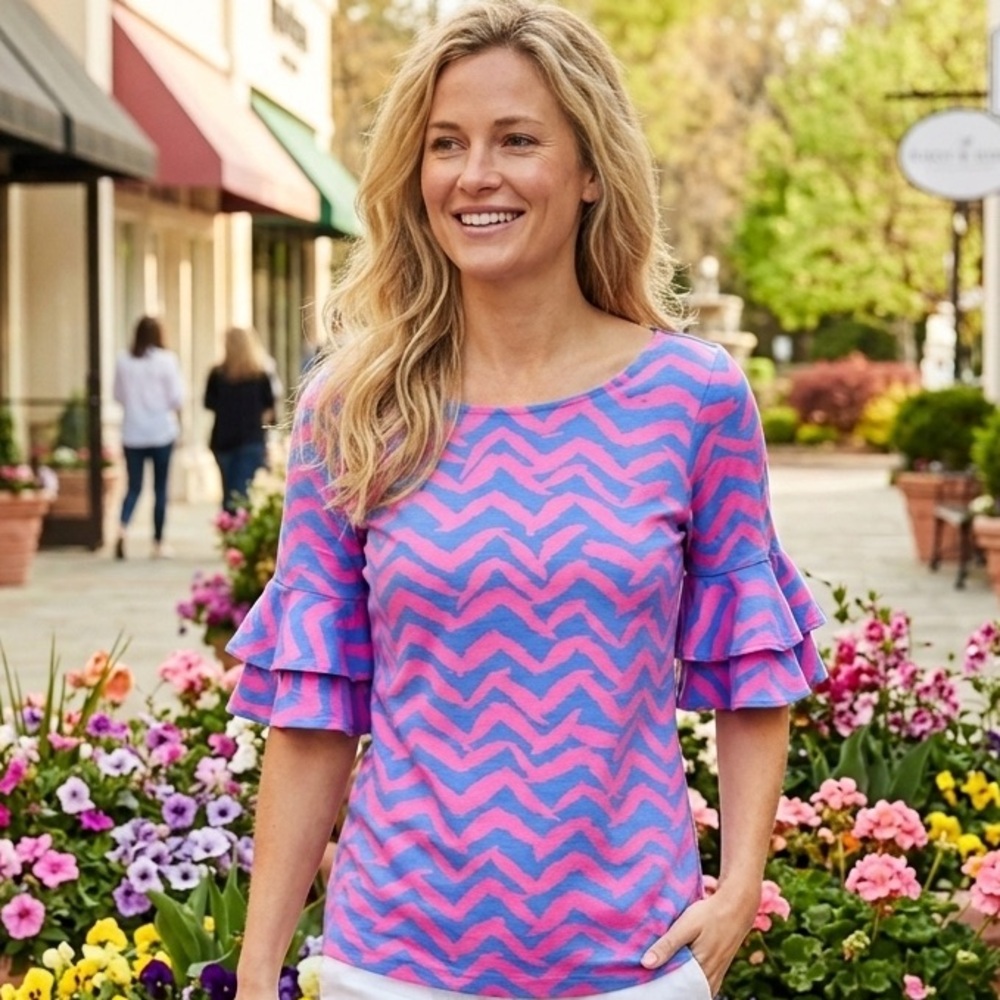 Lilly Pulitzer NEW Lula Ruffle Sleeve Top Pink and Blue Chevron SZ Large